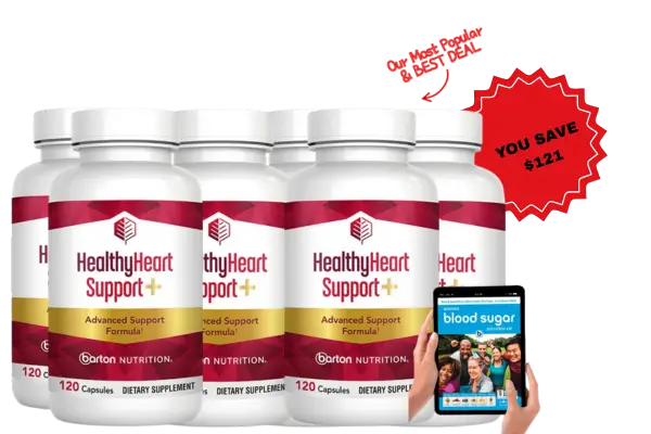 Best value bundle – 6 bottles of HealthyHeart Support+ with Blood Sugar Bonus Guide and $121 savings